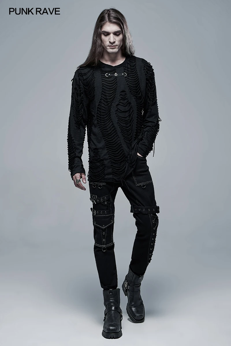 Мужская Готическая футболка в стиле Панк RAVE свободная черная вязаная панк с