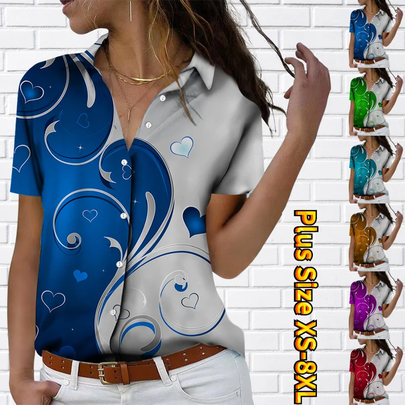 

Женская блузка на пуговицах с принтом, свободная блузка с V-образным вырезом и коротким рукавом, в стиле ретро, летний тренд