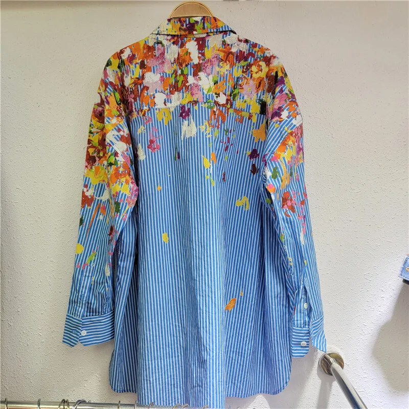 DEAT женская рубашка свободная однобортная блузка в полоску с принтом и блестками