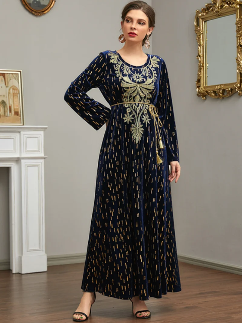 

2022 Autumn Winter Dubai Abaya Vintage Plant Embroidered Urban Casual Velvet Belted Kaftan Corset Dress Turkish Women Clothes