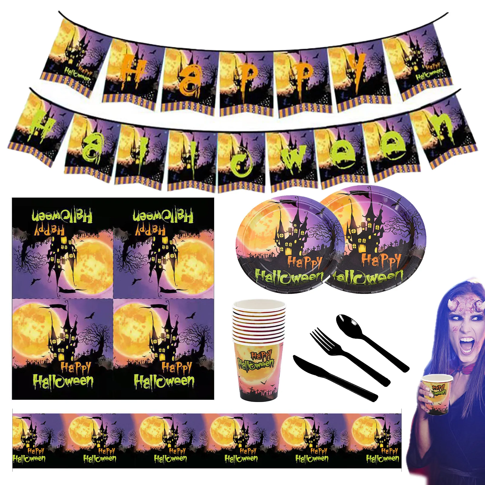 

Бумажные тарелки для Хэллоуина и искусственные тарелки для хэллоуивечерние и искусственные тарелки 82 шт. набор посуды для Хэллоуина с банн...