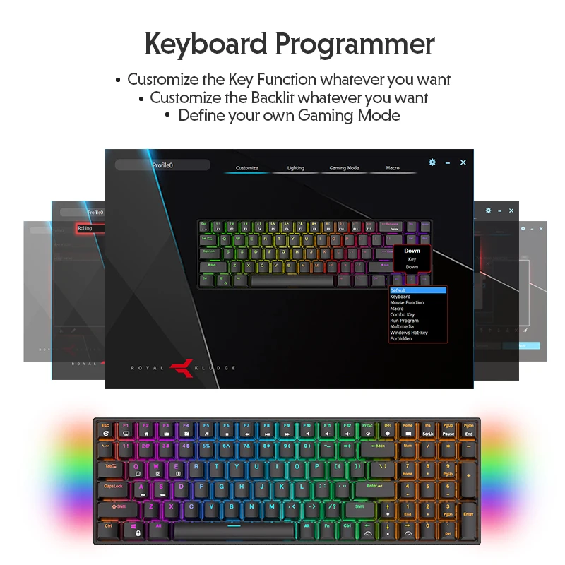 RK ROYAL KLUDGE RK100 2.4G Wireless/Bluetooth/Wired RGB Mechanical Keyboard 100 Keys Hot Swappable Gaming Keyboard for Win/Mac