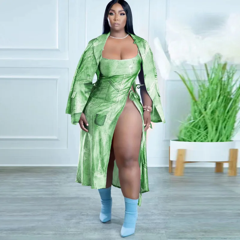 

Женский костюм KEXU из искусственных джинсов с принтом, блейзер с длинным рукавом и юбка с высоким разрезом сбоку, Женский костюм для ночного клуба из двух предметов