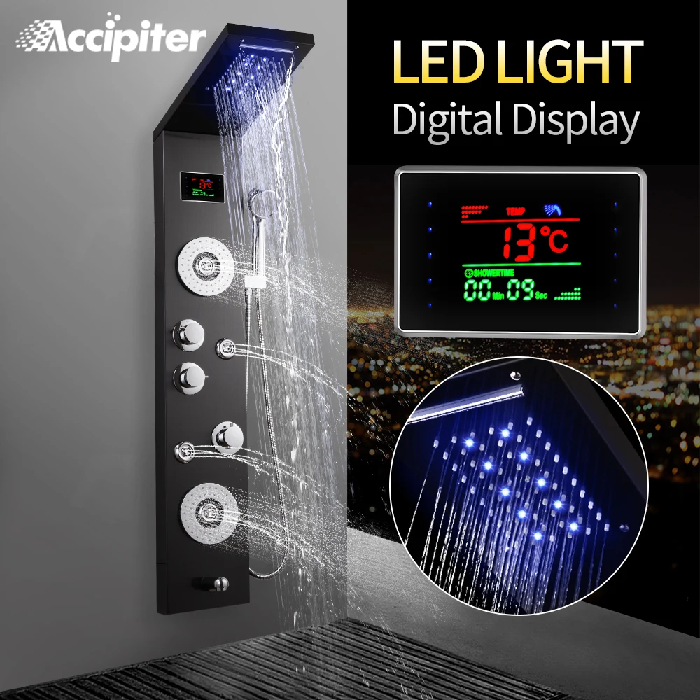 

LED Light Shower Panel Waterfall Four Functions Faucet Wall Mounted Bathroom Shower Hand Shower Constant Temperature Screen