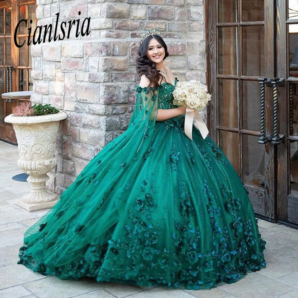 Emerald Green Quinceanera Dresses with Cape 3D Flowers Ball Gown  Off the Shoulder Princess Debutante 15 Vestidos