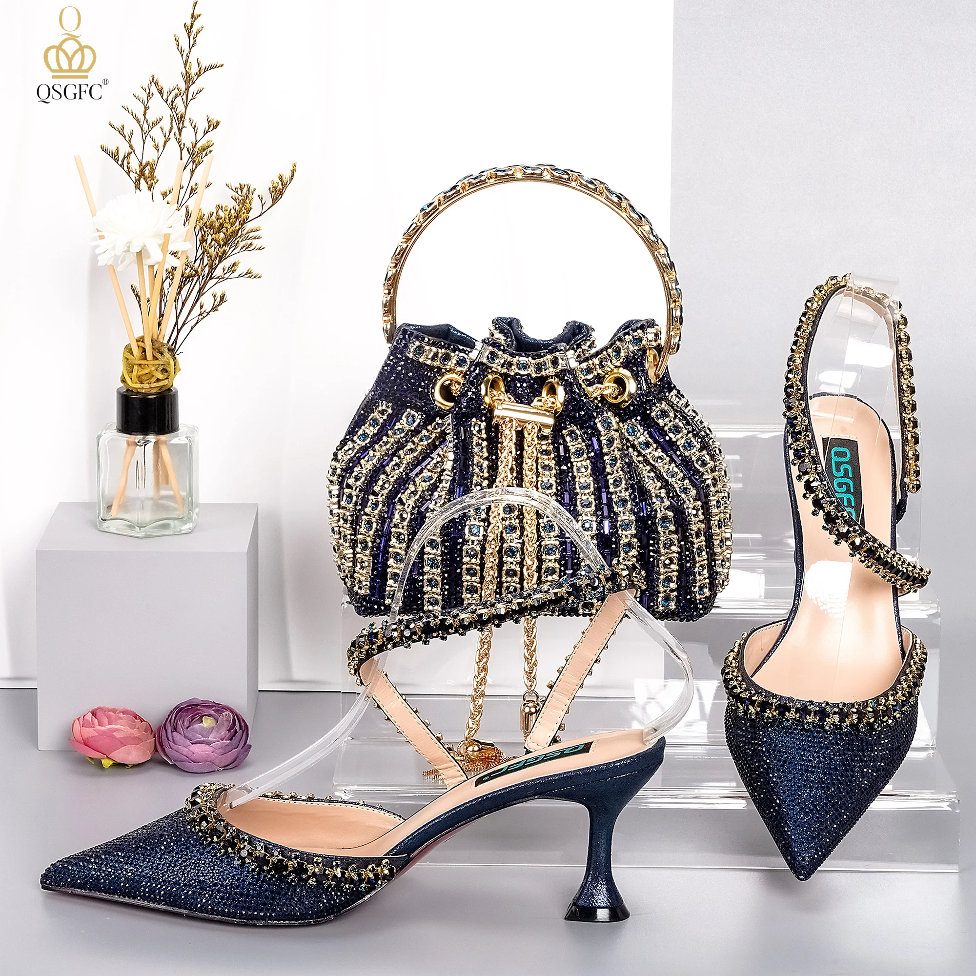

QSGFC Elegant Navy Blue Diamond Chain High Heels Tassel Bucket Tote Crossbody Carry Sophisticated Party Style