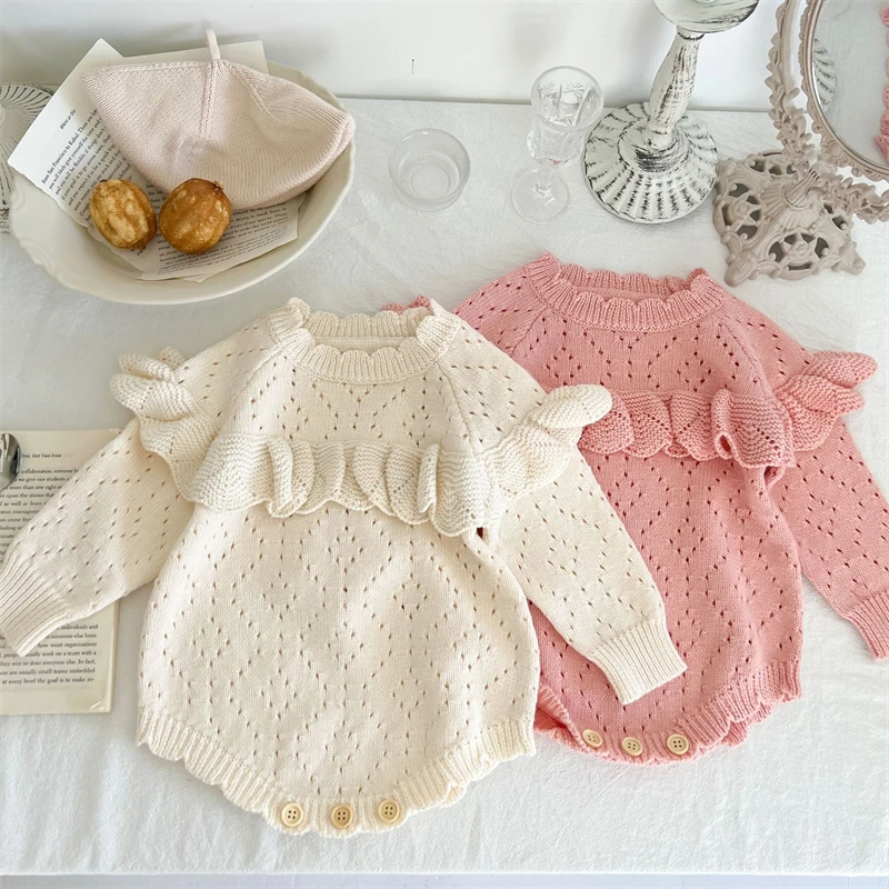 

0-3Y Baby Girl Knitted Bodysuits for Infants Solid Cutout Rompers Playsuits Autumn Cotton Long Sleeve Kids Clothes Girls Outfits
