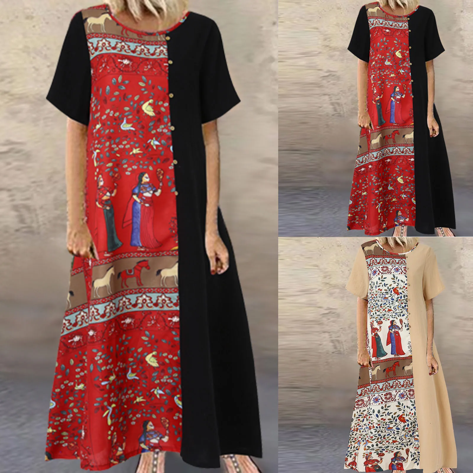 

Женское винтажное длинное платье с цветочным принтом, коротким рукавом и круглым вырезом