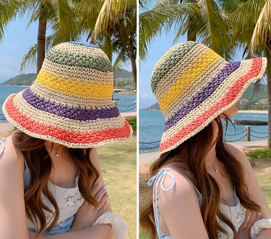 

1Pc Women'S Cute Fashion Straw Hat Foldable Bohemian Seaside Rainbow Patchwork Color Fisherman'S Hat Travel Sun Basin Hat