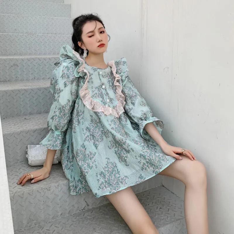 

2022 Green Pink Big Flower Lace Fungus Side Bubble Sleeve Dress Casual Loose Fit Women's Summer 2022 New Arrival 2K1350