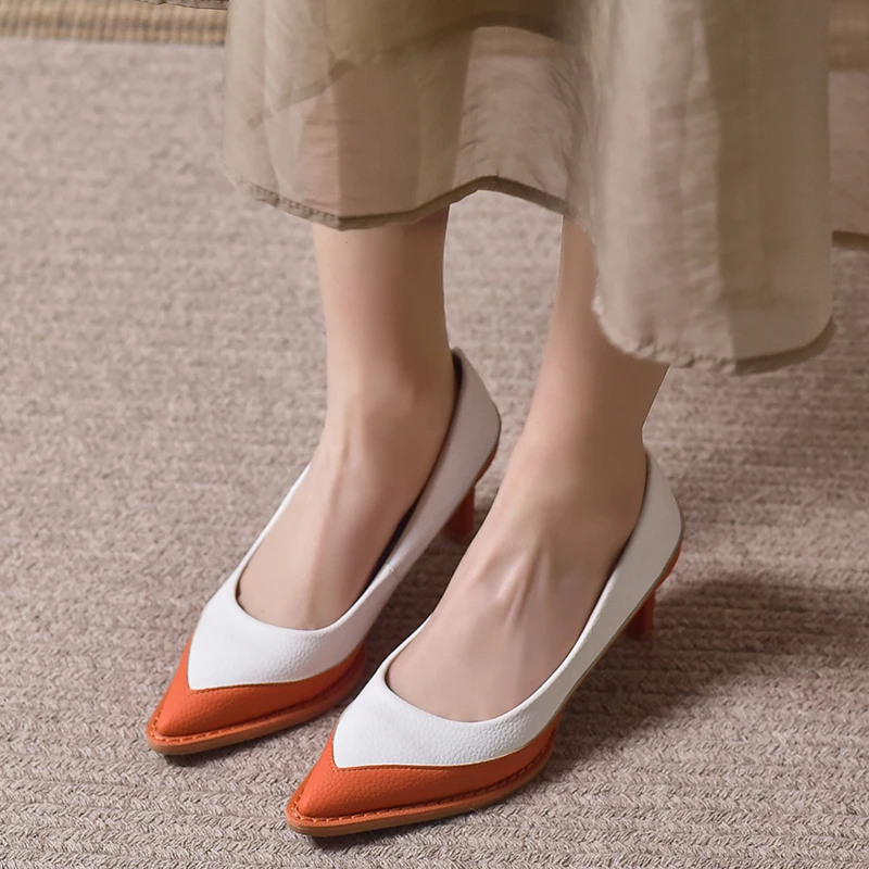 

Pointed Toe High Heels Women Mixed Colors Slip-on Pumps New Fashion Women Single Shoes Office Lady Mid-heels Loafers Heels Women