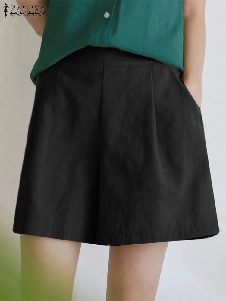 

2022 ZANZEA Femme Casual Oversized Beach Loose Pant Women Summer Holiday Short Trousers Side Pockets Elastic Waist Thin Pantalon