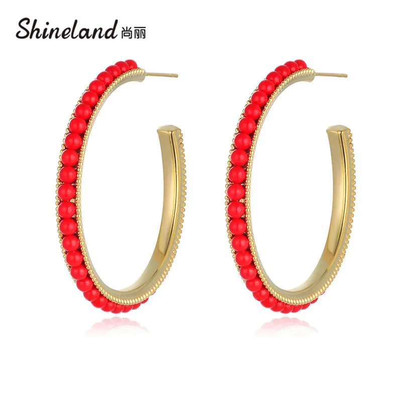 

Shineland Bohemian Fashion Red Beads Hoop Earrings Big Circle Simple Gold Color Brincos For Women Girl Punk Bijoux Jewelry Gift