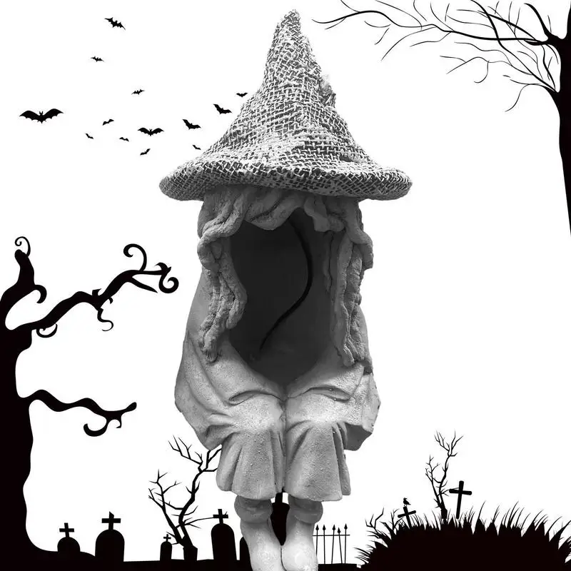 

Halloween Witch Statue Spooky Ghost Sitting Sculpture Solar Energy Lamp Realistic Decoration Supplies For Gardens Stairs Parties