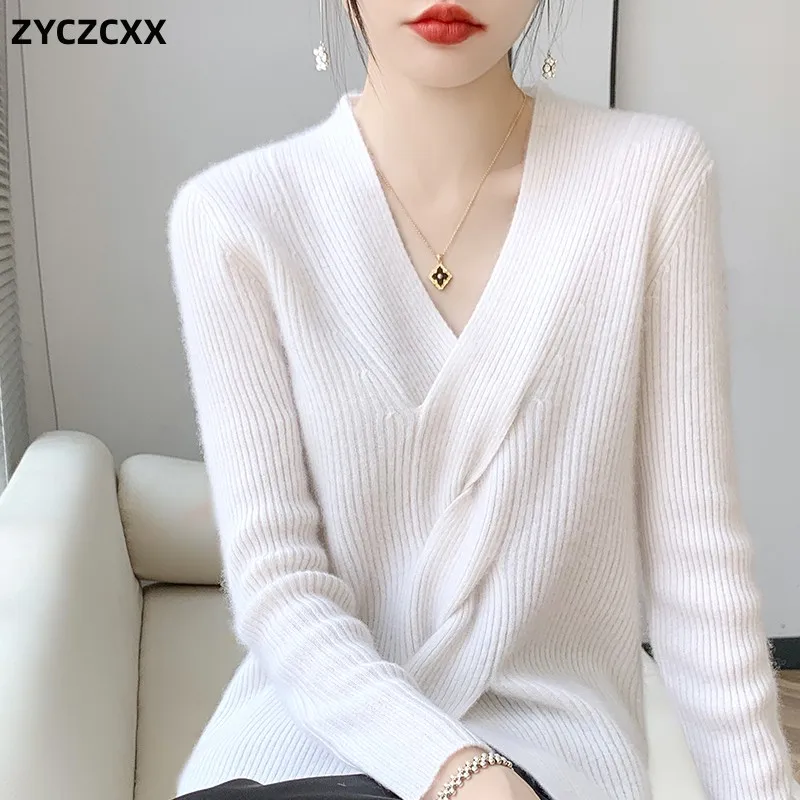 

Модный женский свитер из 100% мериносовой шерсти, новинка осень/зима, Женский пуловер с перекрестным V-образным вырезом, мягкий женский Однотонный свитер 2023