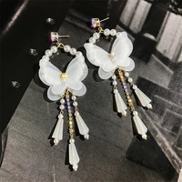 2022 long tassel crystal drop earrings for women bijoux korean style white butterfly pearl dangle earrings jewelry gifts