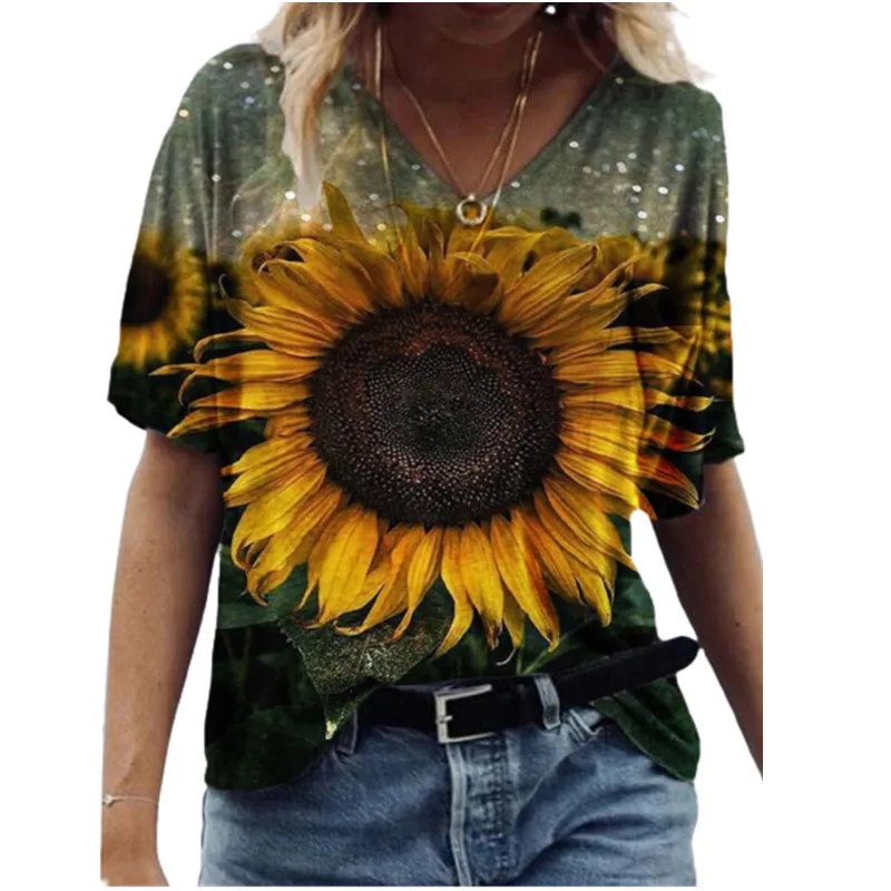 

3D Sunflower Women's Printed T-shirt Loose Women's Top Street Wear Short Sleeve V-neck T-shirt New for Summer 2022