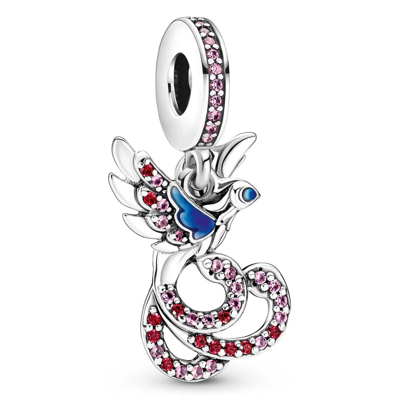 

Original 925 Sterling Silver Charm Chinese Mythical Phoenix With Pink Crystal Pendant Bead Fit Popular Bracelet DIY Jewelry