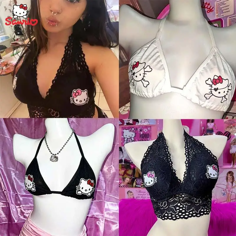 

Sanrio Bra Hello Kitty Cute Sexy Hot Girl Halter Lace Underwear Bra Y2K Cotton Summer Swimsuit Camisole Maiden Birthday Gift