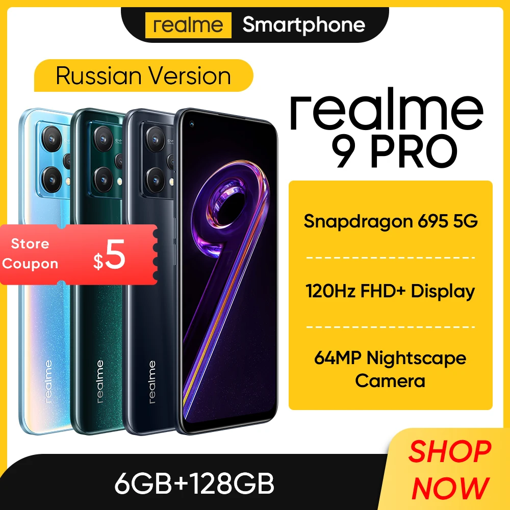 

realme smartphone 9 Pro 6GB 128GB 6.6inch FHD+ Display 120Hz Qualcomm Snapdragon 695 5G 64MP Camera Android Cellphone