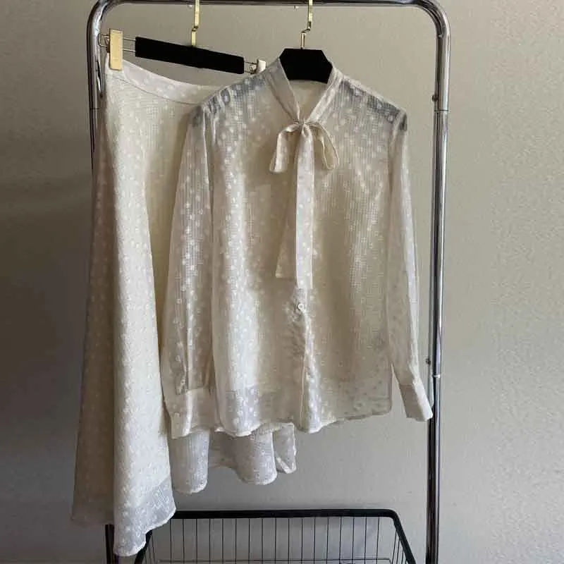 

Early Autumn Shirt Dress Sets Fashion Ruwnay Elegant Jacquard Polka Dot Shirts Temperament High Waist A-line Skirt Women