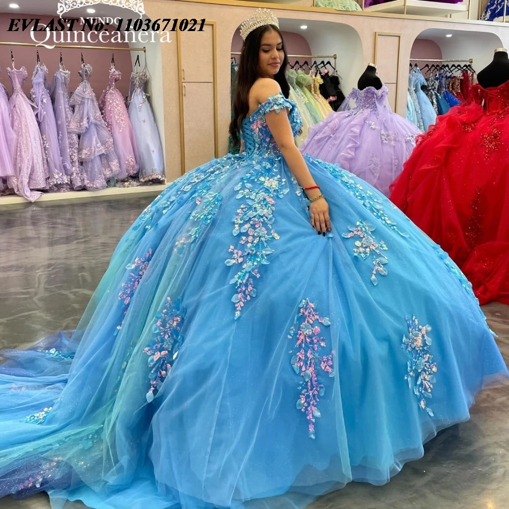Блестящее синее платье EVLAST Quinnceanera бальное блестящее кружевное с аппликацией и