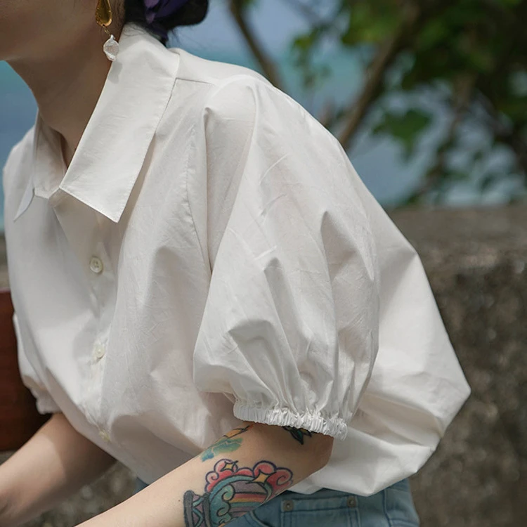 

Retro French Style White T-shirts Short-sleeve Cozy Fashion Elegant Casual Puff Sleeve Turn-down Collar Tees Women Clothing