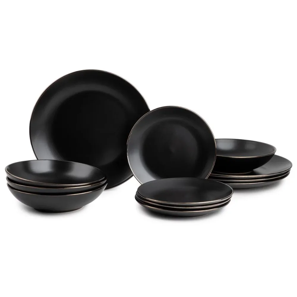 

Посуда из черной керамики оникс, набор из 12 предметов, кухонные принадлежности, набор посуды, обеденные Тарелки и блюда, кухонные принадлежности для столовой