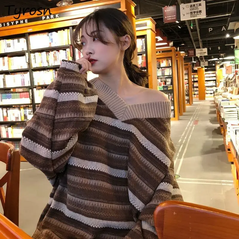 

Women V-neck Striped Pullover Winter Thick Lantern Sleeve Harajuku Retro Students Knit Clothes Lazy Baggy Mori-girl Sweaters Ins