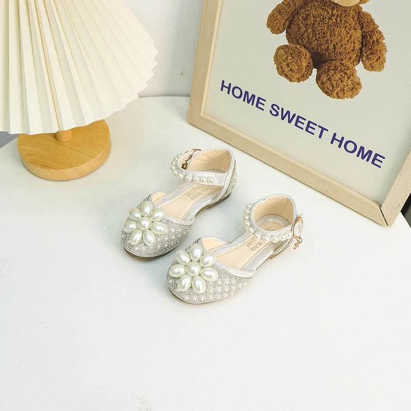 Детские сандалии принцессы со стразами цветочный жемчуг летняя обувь для танцев