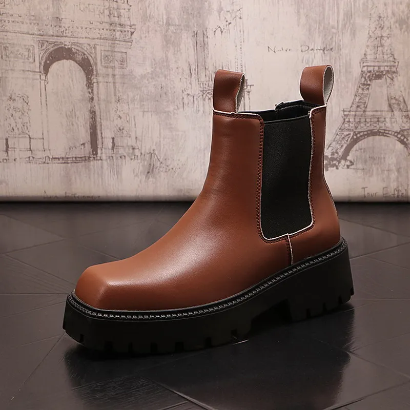 

Designer Mens Brown Ankle Boots Fashion Round Toe Slip On Chelsea Flat Platform Trending Leisure Shoes Male Size 38-43 ERRFC