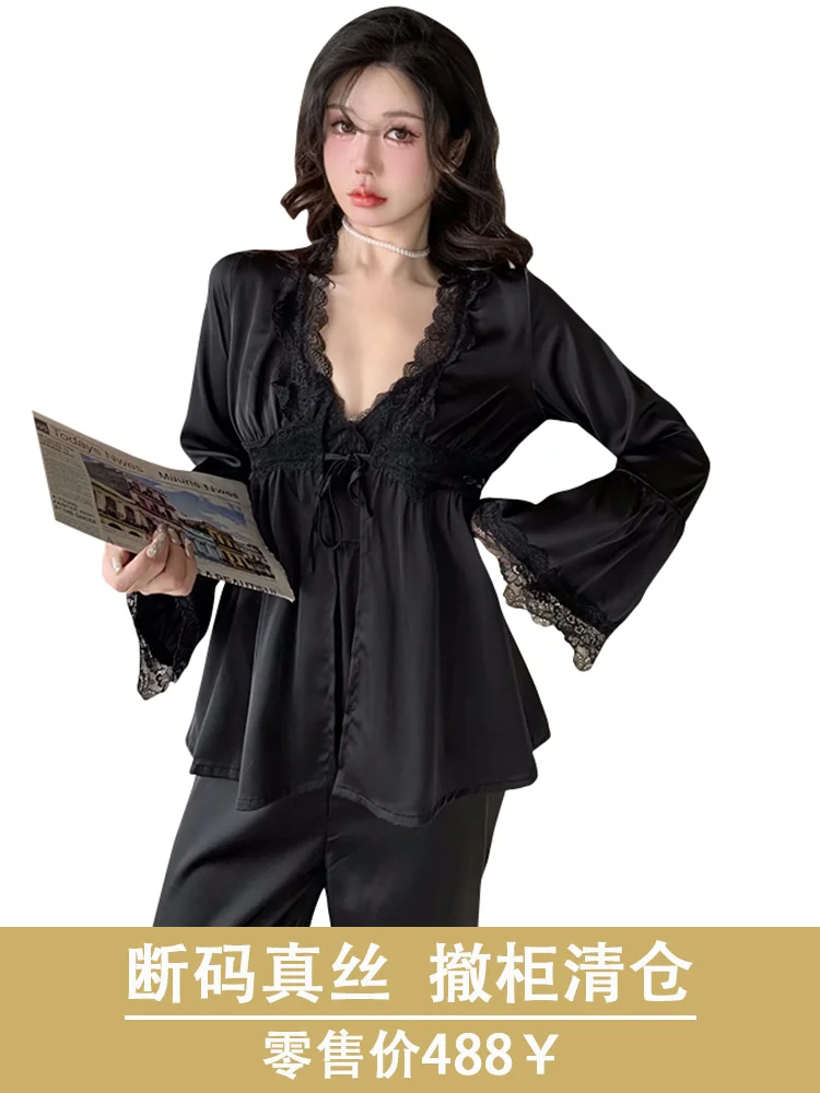 With Chest Pad Silk Pajamas Women Spring and Autumn Long sleeve Sling Trousers Three-Piece Suit Home Wear Can B...