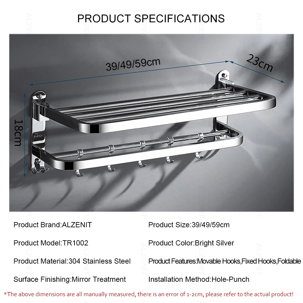 towel rack 40 60 cm 304 stainless steel holder with hook bathroom accessories wall mount hanger shower bar rail folding shelf free global shipping