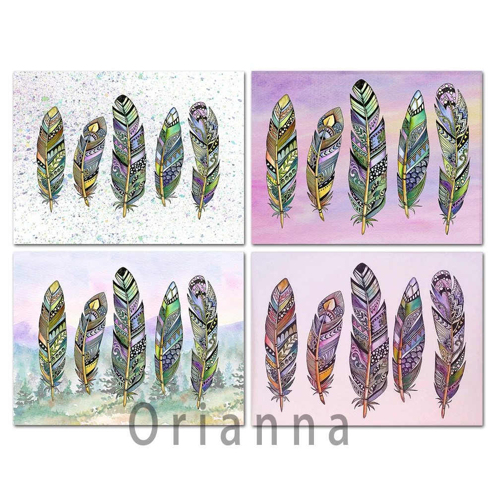 

Five Feathers Zentangle Pen & Ink Feathers Art Boho Watercolor Print Posters Modern Living Room Bedroom Tribal Home Decor Gift