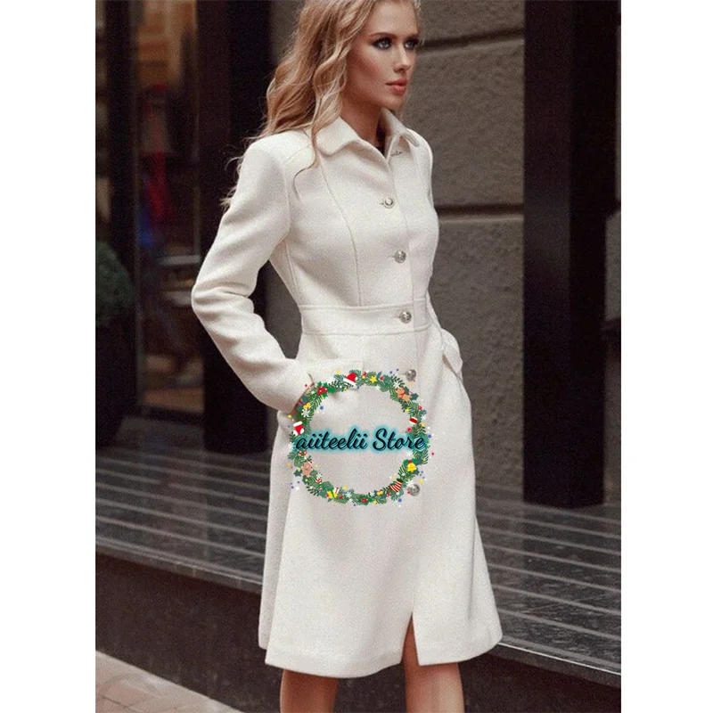 Elegant Ladies Long Wool Coat Slim Fit Single Breasted Jacket Manteau White Formal High Quality костюм женский