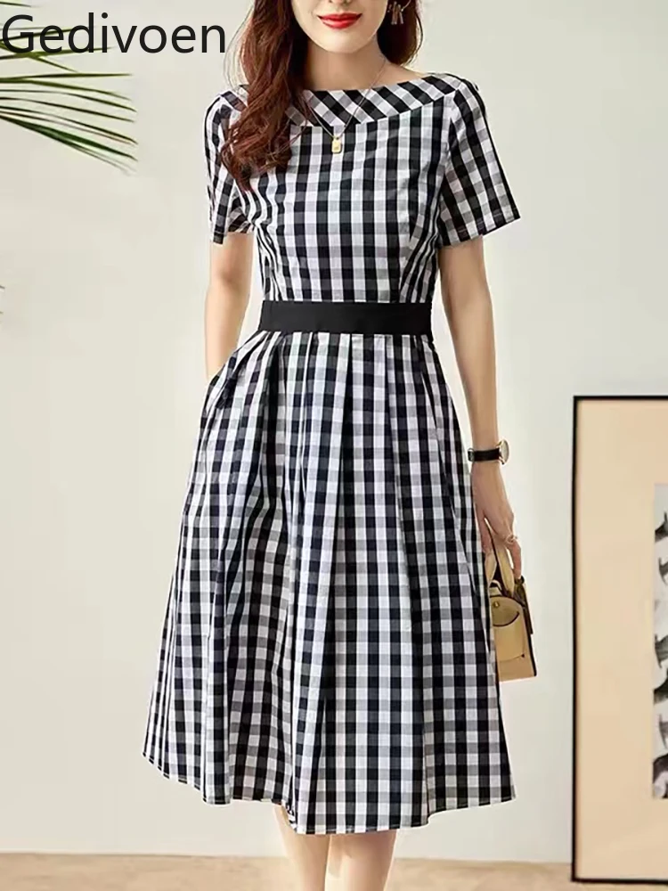 Gedivoen High Quality Summer Women Fashion Runway Midi Dress Short Sleeve Plaid Print Elegant Big Swing A-Line DressVestidos