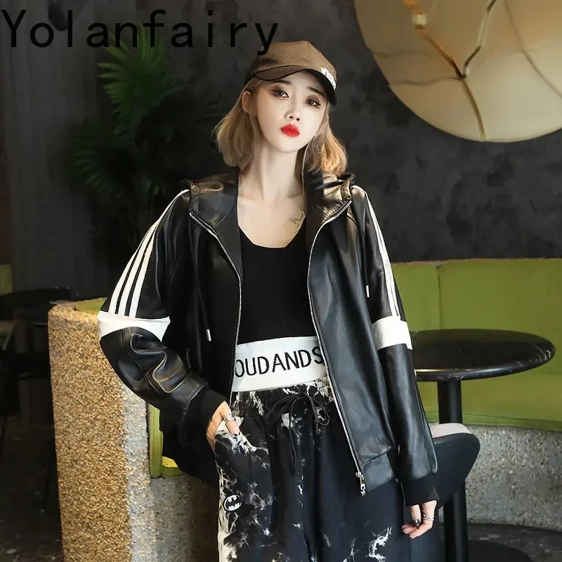 Куртка женская из натуральной овечьей кожи Свободное пальто с капюшоном