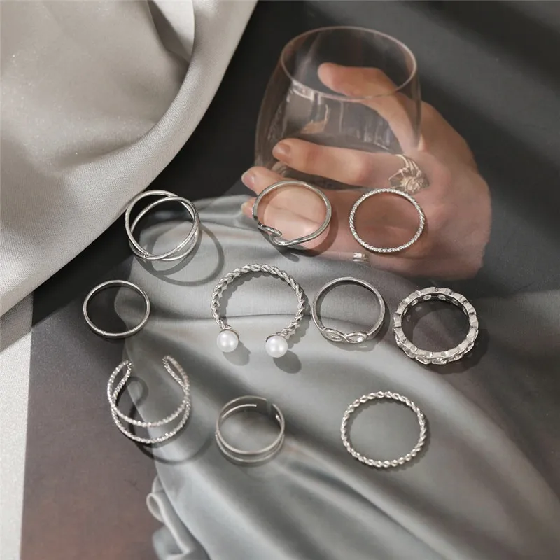 

10Pcs Punk Silver Color Wide Chain Rings Set for Women Girls Fashion Irregular Finger Thin Rings Gift 2022 New Knuckle Jewelry