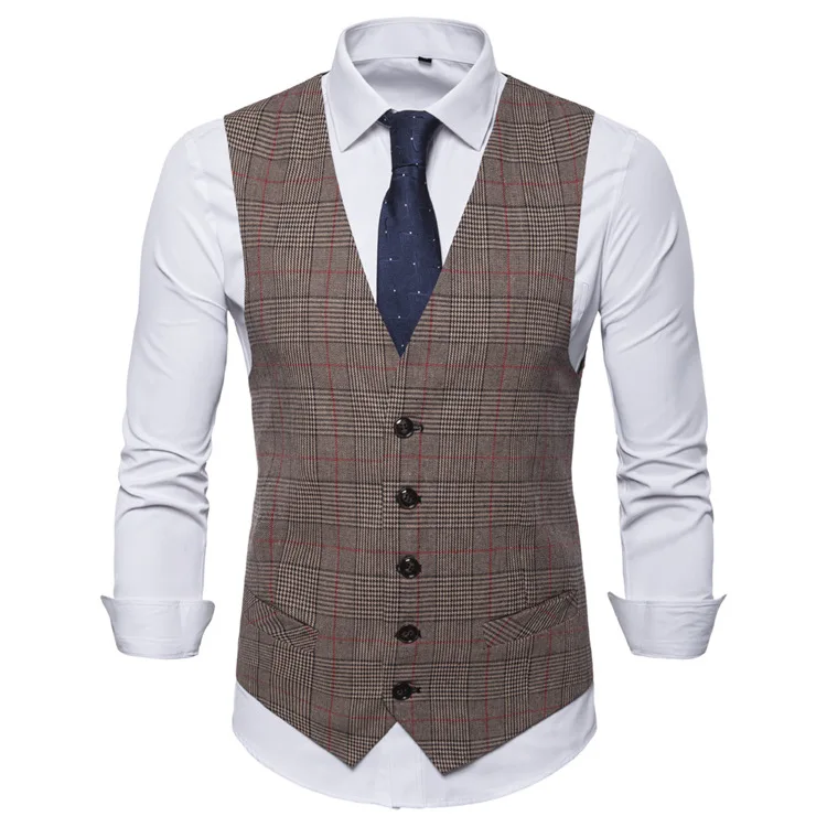 

Classic Versatile Men's Grey Vest Plaid Striped Jacket Casual Gentleman Business Waistcoat for ManWedding Party
