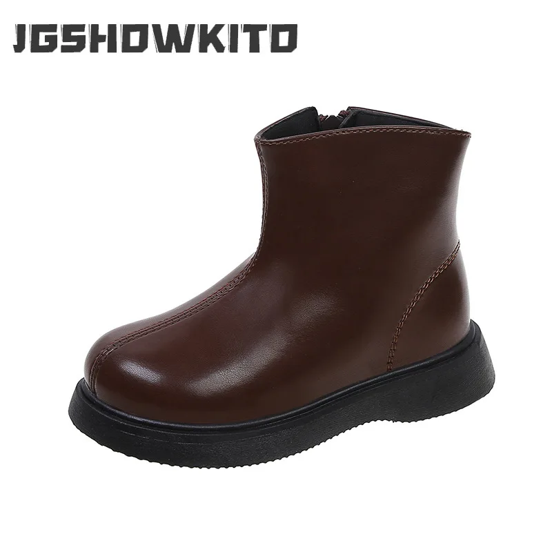 

Детские простроченные ботильоны на осень и зиму, новые простые японские однотонные ботинки на толстой подошве для мальчиков и девочек с круглым носком, детские модные ботинки из искусственной кожи