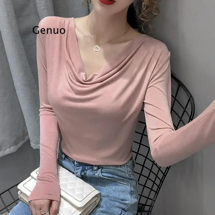 

Solid Full Sleeve T-shirts Girls Heaps Collar Solid Thin Tshirts Tops For Woman 2020 Early Autumn