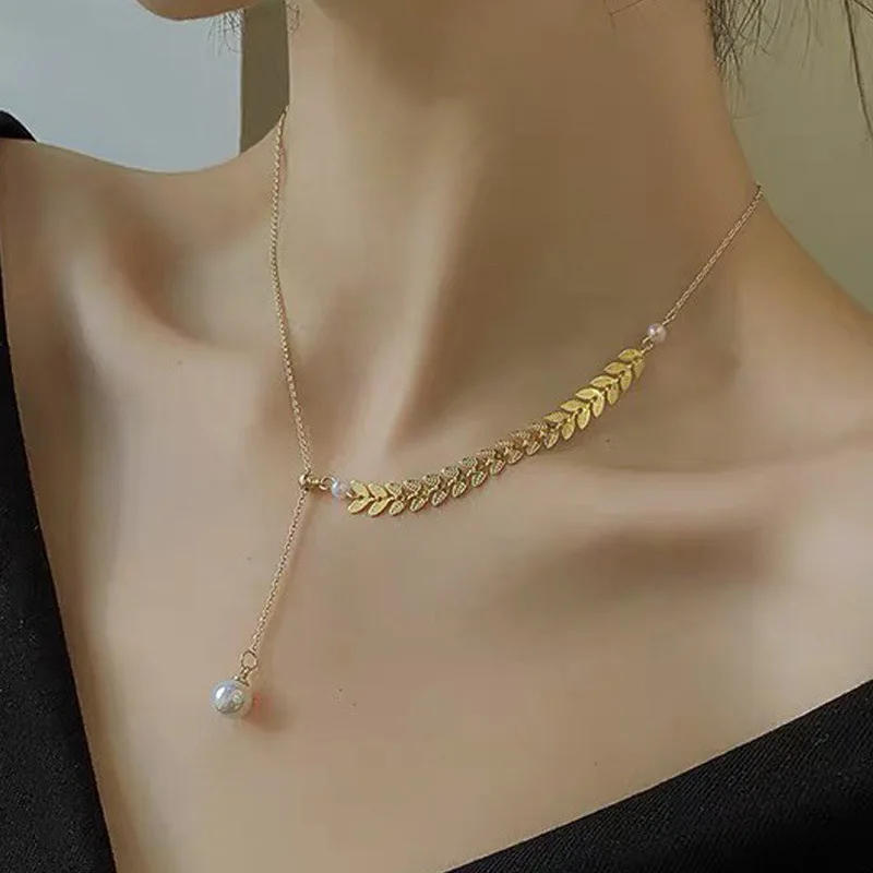

2022 New Simple Adjustable Y-shaped Wheat Ear Pearl Necklace Women's Long Style Personality Fashion Collarbone Chain Necklace
