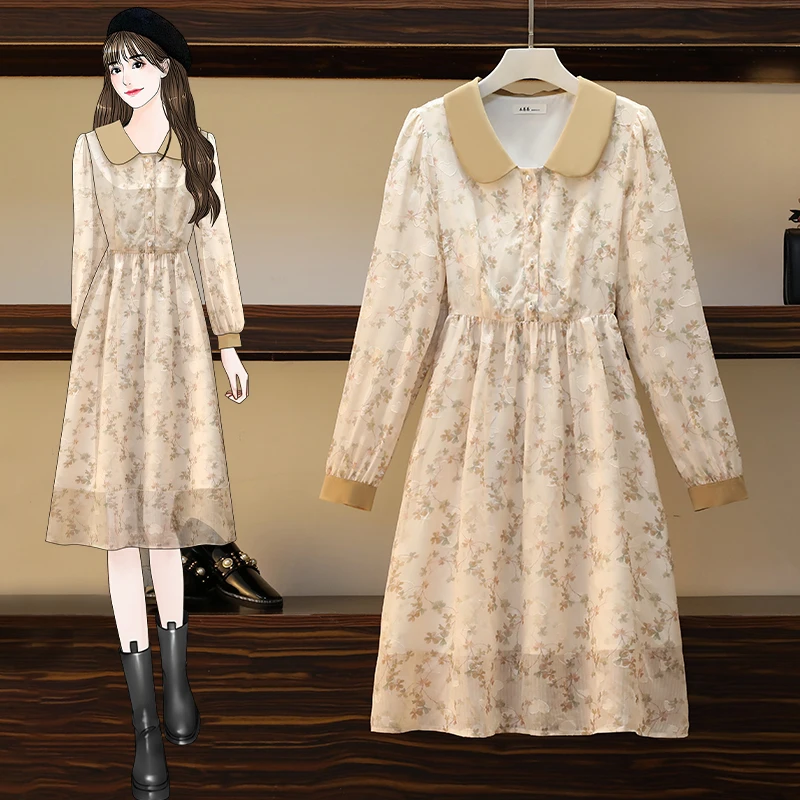 

Summer New Doll Collar Long Sleeve Printing Female Clothing Chiffon Fashion Loose Women's Dresses