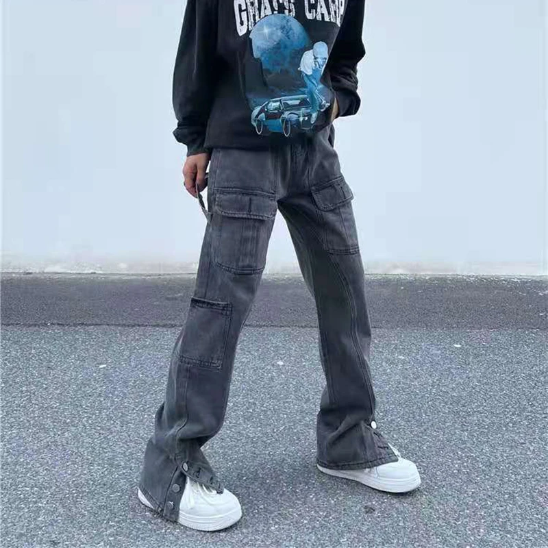 Jeans Trousers Men and Women Vibe Style Ripped Casual Denim Pants Loose Oversize Harajuku Retro Multi-pockets Anke Button Washed