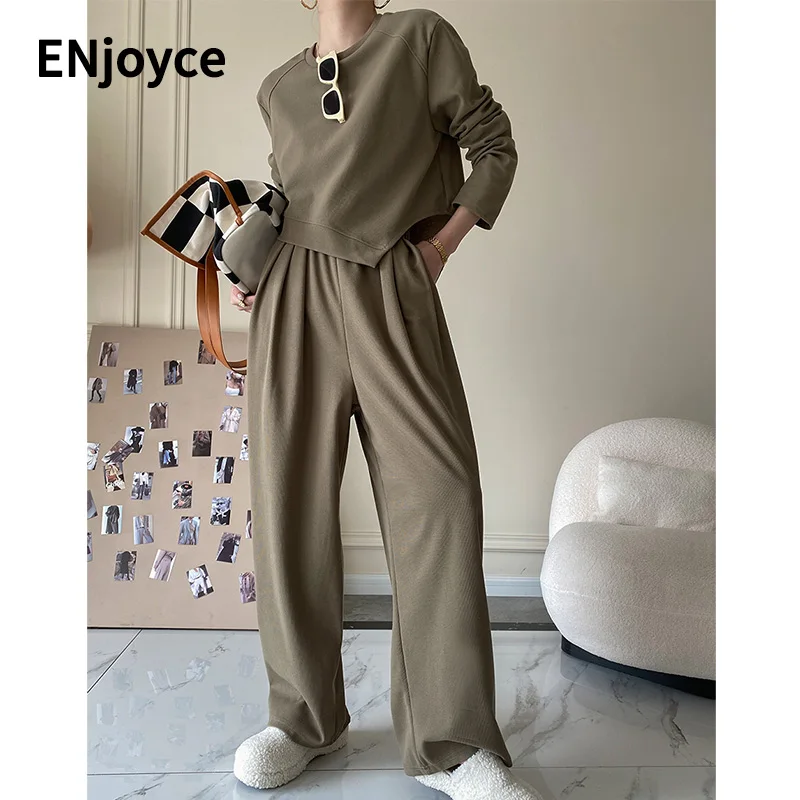 Sports Casual Breathable Sweatshirt Top and Wide Leg Pants Two Pieces Set Sweatsuit Women Outfits Cropped Tops Sweatpants Fall