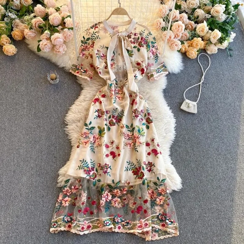 

Women Dress 2022 Summer French Vintage Ladies Temperament Bow Collar Flowers Embroidery Elegant Dresses Party Vestido