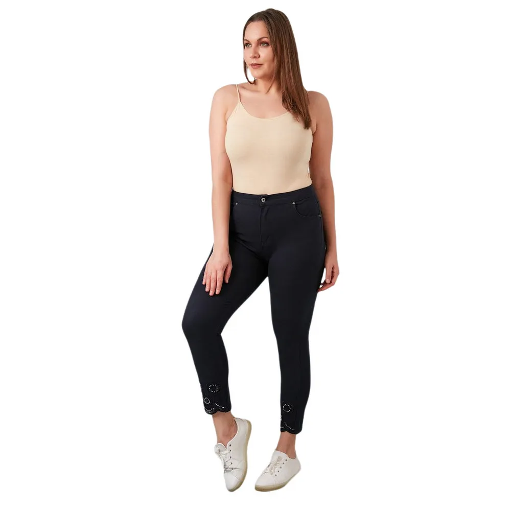 Fierte Women Plus Size Pants Rg1519 Canvas High Waist Tight Trotting Diamond Detail Sports Pocket Spring Summer Casual