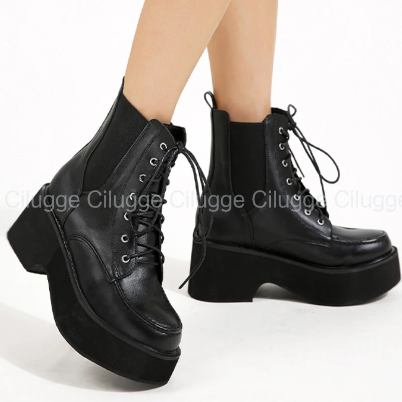 

Женские ботинки челси Termainoov, ботильоны на высоком массивном каблуке, с круглым носком, на шнуровке, на платформе, большие размеры, Осень-зима