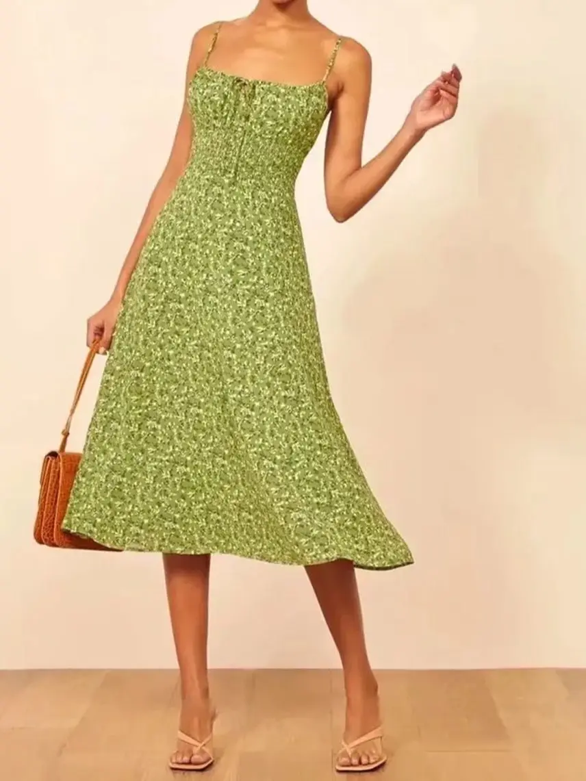 

Летнее женское зеленое длинное платье на бретелях с цветочным принтом, сексуальный Модный женский стиль