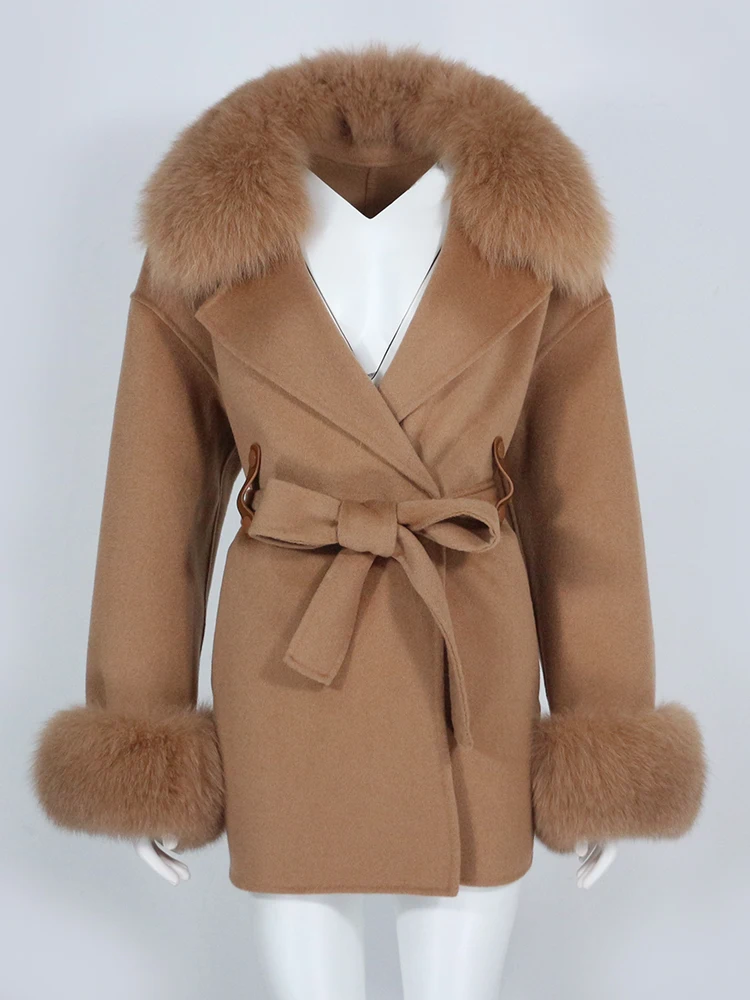 

Женское кашемировое пальто с поясом OFTBUY, уличная шерстяная куртка с воротником и манжетами, отделанными натуральным мехом лисы, зима 2023